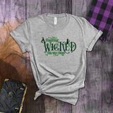 Halloween Costume Shirt/ Something Wicked This Way Comes Purple And Green Witch Hat, Black Cat And Spider T-Shirts