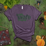 Halloween Costume Shirt/ Something Wicked This Way Comes Purple And Green Witch Hat, Black Cat And Spider T-Shirts