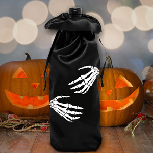 Halloween Wine Bag/ Skeleton Hands Wine Hostess Gift Bag/ Skeleton Black Satin Bottle Bag Halloween Decoration, Wine Tote