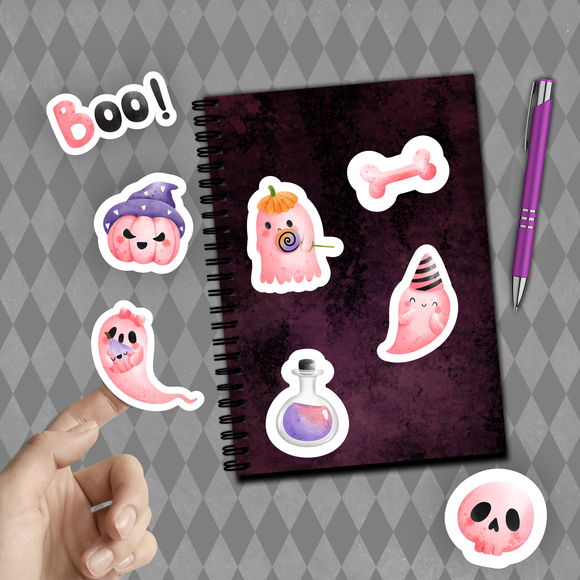 Halloween Stickers/ Pink Ghosts Trick Or Treat Collection C Laptop Decal, Planner, Journal Vinyl Sticker Pack