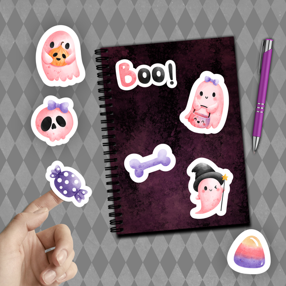 Halloween Stickers/ Pink Ghosts Trick Or Treat Collection A Laptop Decal, Planner, Journal Vinyl Sticker Pack