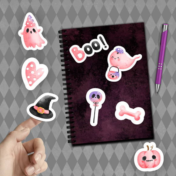 Halloween Stickers/ Pink Ghosts Trick Or Treat Collection B Laptop Decal, Planner, Journal Vinyl Sticker Pack