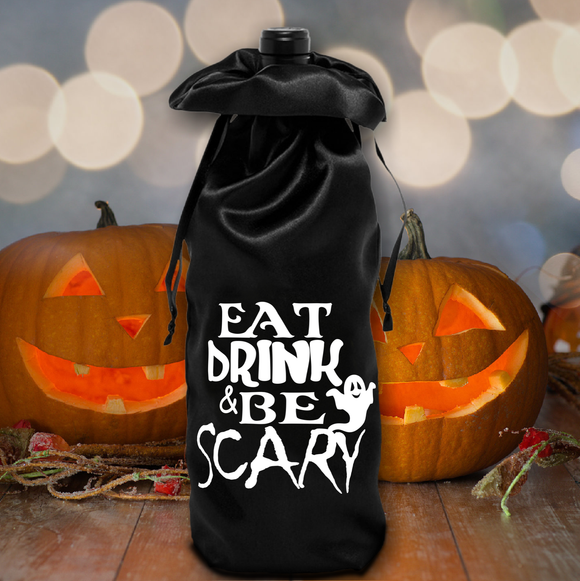 Halloween Ghost Wine Bag/ Eat Drink And Be Scary Black Satin Halloween Decoration, Wine Bottle Tote Hostess Gift Bag