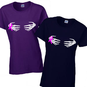 Halloween Skeleton Hands Breast Cancer Ribbon Shirt/ Skeleton Hands Across Chest With Pink Breast Cancer Ribbon/ Funny Halloween Women's Shirt