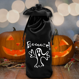 Halloween Wine Bottle Bag/ Halloween Ghost Booze Satin Wine Hostess Gift Bag/ Funny Ghost Black Satin Bottle Tote Bag Halloween Decoration