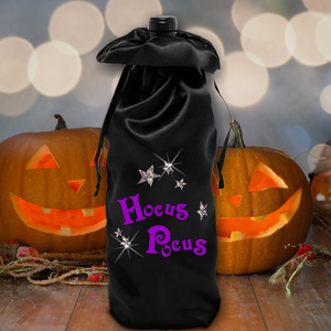 Hocus Pocus Halloween Wine Bag/ Glitter Hocus Pocus Satin Wine Hostess Gift Bag/ Black Satin Bottle Bag Halloween Decoration, Wine Tote