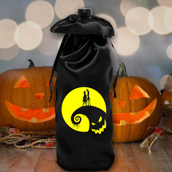 Halloween Wine Bag/ Jack And Sally Satin Wine Hostess Gift Bag/ Nightmare Before Christmas Black Satin Bottle Bag Halloween Decoration Tote