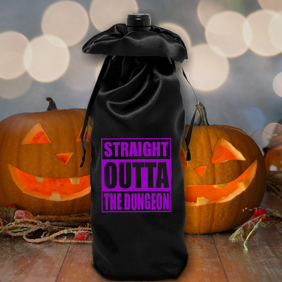 Halloween Wine Bag/ Straight Outta The Dungeon Satin Wine Hostess Gift Bag/ Black Satin Bottle Bag Halloween Decoration, Wine Tote