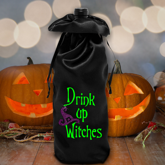 Halloween Wine Bag/ Drink Up Witches Satin Wine Hostess Gift Bag/ Glitter Witches Black Satin Bottle Bag Halloween Decoration, Wine Tote