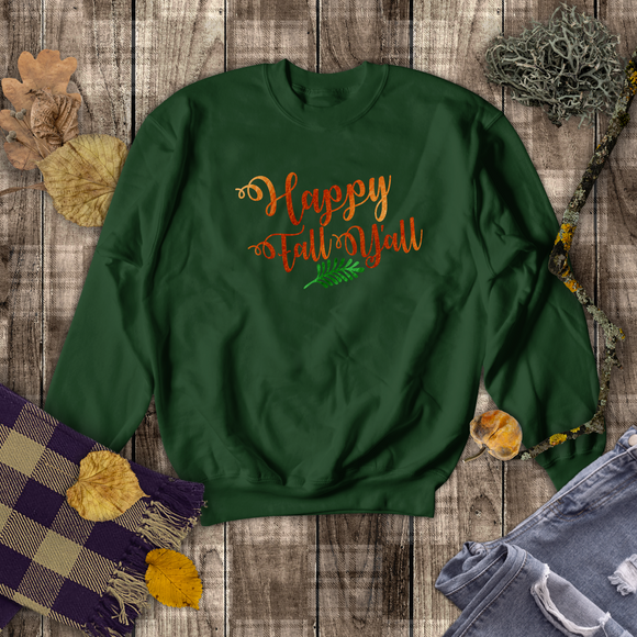 Happy Fall Y’all Autumn Sweatshirt/ Fall Leaf Sweatshirt/ Metallic Orange And Green Rustic Fall Colors Fleece Sweater