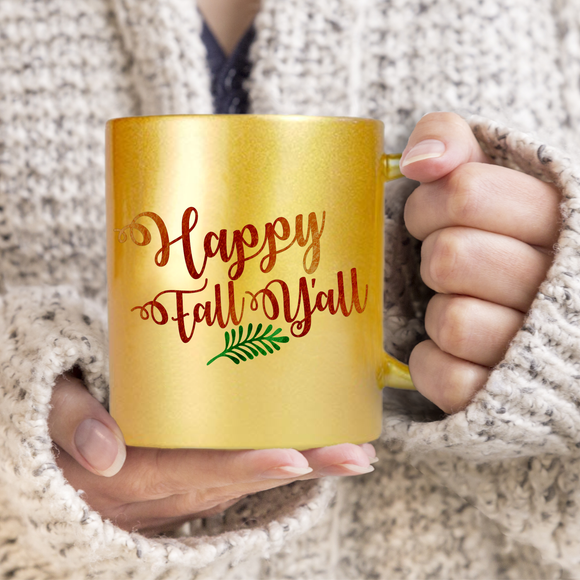 Happy Fall Y’all Autumn Mug/ Fall Leaf Thanksgiving Pearl Metallic Coffee Lover Gold, Silver Or Pink Mug