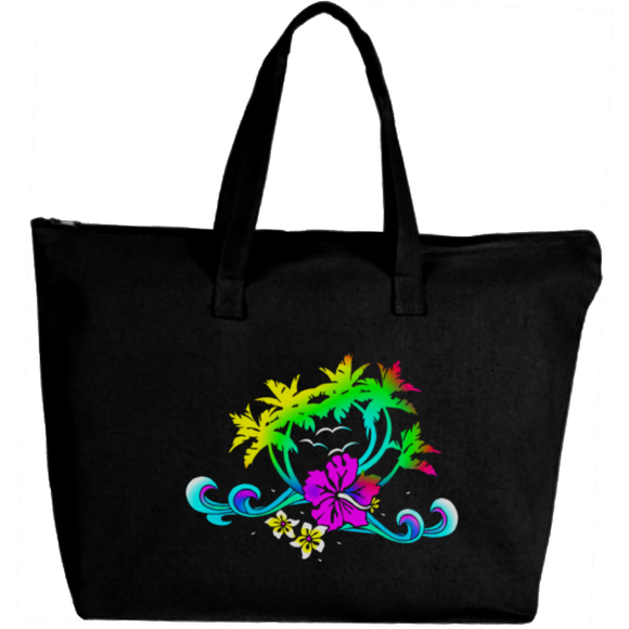 Neon Hibiscus Beach Tote/ Tropical Floral Hawaiian Tote Bag/ Hawaii Beach Bag/ Neon Palm Trees Tote
