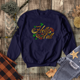 Hello Fall Autumn Sweatshirt/ Fall Leaves Sweatshirt/ Metallic Gold, Orange And Green Rustic Fall Colors Fleece Sweater