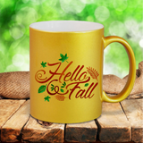 Autumn Hello Fall Mug/ Fall Leaves Pearl Metallic Coffee Lover Gold, Silver Or Pink Thanksgiving Mug