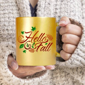 Autumn Hello Fall Mug/ Fall Leaves Pearl Metallic Coffee Lover Gold, Silver Or Pink Thanksgiving Mug