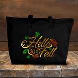 Hello Fall Autumn Tote Bag/ Fall Leaves Canvas Tote/ Metallic Gold, Orange And Green Rustic Fall Colors Book Bag