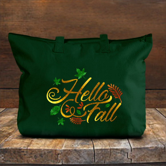 Hello Fall Autumn Tote Bag/ Fall Leaves Canvas Tote/ Metallic Gold, Orange And Green Rustic Fall Colors Book Bag