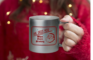 Christmas Mugs/ He Sees You When You’re Drinking Retro Santa Metallic Silver, Gold Or Pink Mug/ Funny Old Fashion Vintage Style Mug