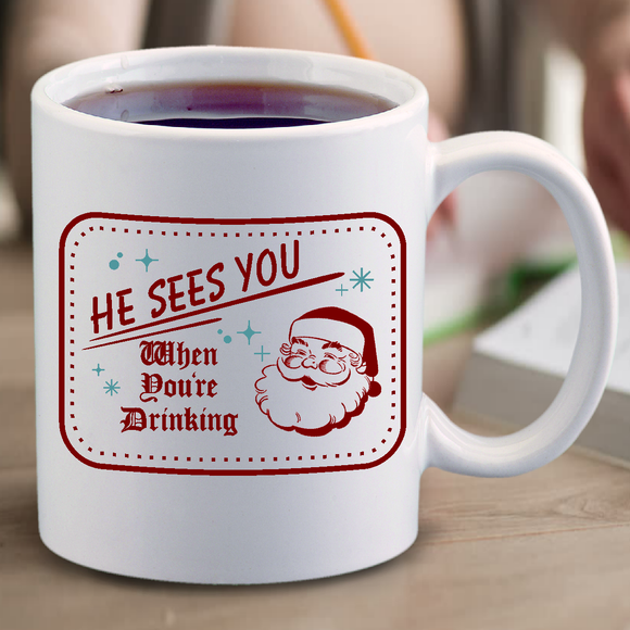 Christmas He Sees You When You’re Drinking Retro Santa Coffee Mug/ Funny Old Fashion Vintage Style Christmas Holiday Mug Gift