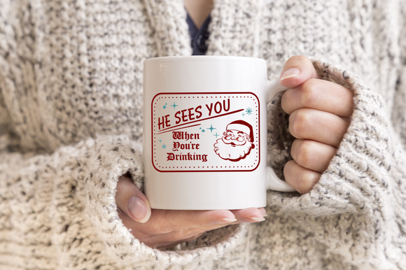 Christmas Mugs/ He Sees You When You’re Drinking Retro Santa Coffee Mug/ Funny Old Fashion Vintage Style Christmas Holiday Mug Gift