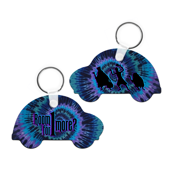 Haunted Mansion Keychain/ Hitchhiking Ghosts Keychain/ Blue, Purple Tie Dye Car Shaped Disney Key Chain, Disney Vacation Souvenir Keychain