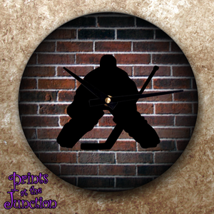 Hockey Clock Gift/ Hockey Goalie Clock Gift/ Hockey Goalie Silhouette On Brick Wall Background Clock/ Hockey Player Wall Clock/ Hockey Decor