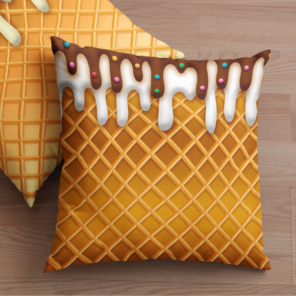 Ice Cream Throw Pillow/ Ice Cream Drip Waffle Cone Chocolate And Vanilla With Sprinkles Summer Décor