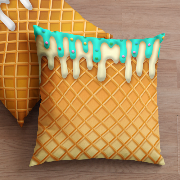 Ice Cream Throw Pillow/ Ice Cream Drip Waffle Cone Mint And Vanilla With Sprinkles Summer Décor