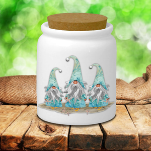 Gnome Ceramic Jar/ Tropical Starfish Blue Watercolor Beach Gnomes Creamer/ Sugar/ Spice Jar With Cork Lid Kitchen Gift