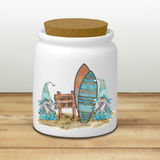 Gnome Ceramic Jar/ Blue Watercolor Surfing Beach Gnomes Creamer/ Sugar/ Spice Jar With Cork Lid Kitchen Gift