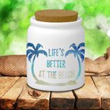 Beach Palm Trees Ceramic Jar/ Life’s Better At The Beach Creamer/ Sugar/ Spice Jar With Cork Lid Kitchen Gift