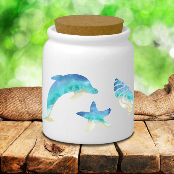 Beach Ceramic Jar/ Nautical Watercolor Beach Dolphin Seashells Creamer/ Sugar/ Spice Jar With Cork Lid Kitchen Gift
