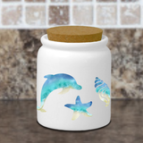 Beach Ceramic Jar/ Nautical Watercolor Beach Dolphin Seashells Creamer/ Sugar/ Spice Jar With Cork Lid Kitchen Gift