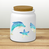 Beach Ceramic Jar/ Nautical Watercolor Beach Dolphin Seashells Creamer/ Sugar/ Spice Jar With Cork Lid Kitchen Gift