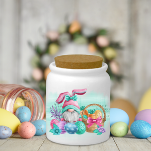 Easter Gnome Bunny Candy Ceramic Jar/ Easter Flowers Basket Eggs Sugar/ Tiered Tray Jar Décor With Cork Lid Kitchen Gift