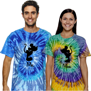 Disney Couple Tie Dye Shirts/ Custom Kissing Minnie, Mickey Mouse Mr And Mrs Matching Vacation Tie Dye T-Shirt/ Disney Married Honeymoon Shirt