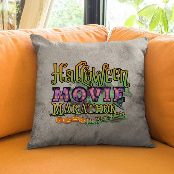 Halloween Movie Pillow/ Halloween Movie Marathon In Progress Purple Orange Marquee Faux Leather Square Pillow Zippered Cover
