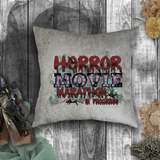 Halloween Movie Pillow/ Horror Movie Marathon In Progress Purple Red Marquee Faux Leather Square Pillow Zippered Cover
