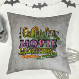 Halloween Movie Pillow/ Halloween Movie Marathon In Progress Purple Orange Marquee Faux Leather Square Pillow Zippered Cover