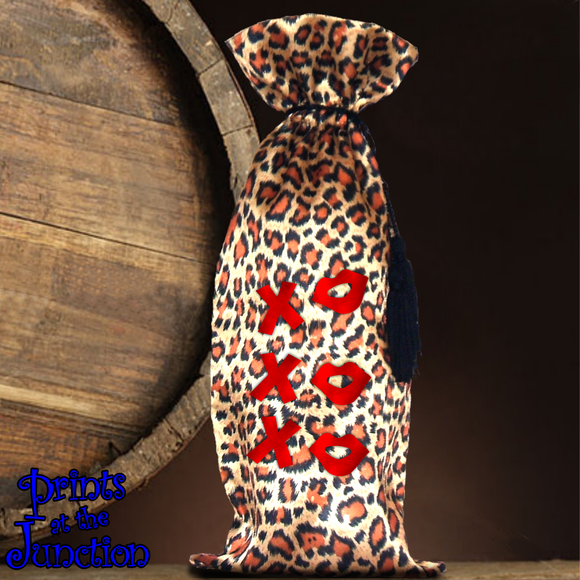 Valentine Leopard Print Wine Bag/Hugs/ Kisses Date Night Exotic Animal Print With XO XO Printing/ Red Lips Satin Bottle Bag Gift With Tassels