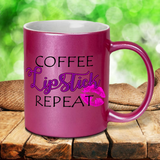 Coffee, Lipstick, Repeat Coffee Mug / Coffee And Lipstick Pearl Metallic Coffee Lover Mug / Cosmetics/Make Up Motivational Quote Mug Gift