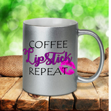 Coffee, Lipstick, Repeat Coffee Mug / Coffee And Lipstick Pearl Metallic Coffee Lover Mug / Cosmetics/Make Up Motivational Quote Mug Gift