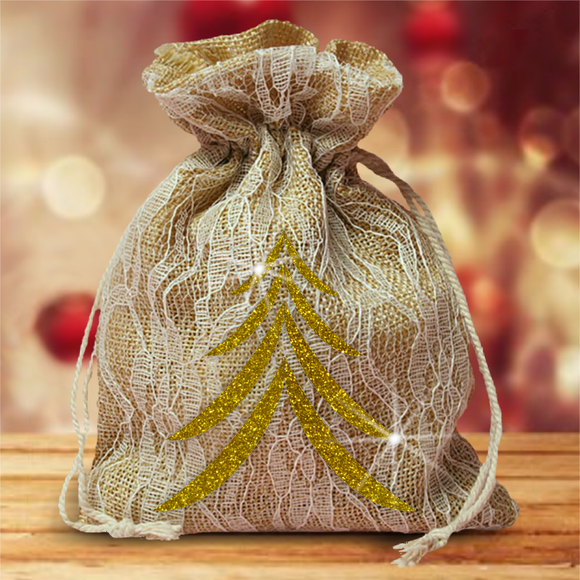 Burlap And Ivory Lace Large Christmas Gift Favor Bag/ Gold Christmas Tree Gift Bag/ Rustic Burlap Christmas Gift/ Glitter Christmas Tree