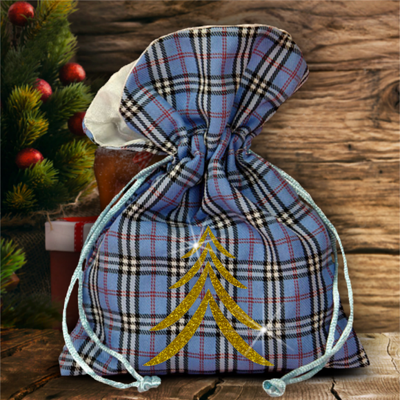 Christmas Plaid Fabric Gift Bag/ Country Christmas Plaid Gift Bag With Glitter Gold Christmas Tree/ Rustic Blue Plaid/ Red Plaid Favor Bag