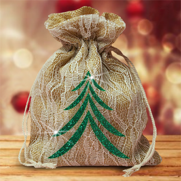 Burlap And Ivory Lace Large Christmas Gift Favor Bag/Green Christmas Tree Gift Bag/ Rustic Burlap Christmas Gift/ Glitter Christmas Tree