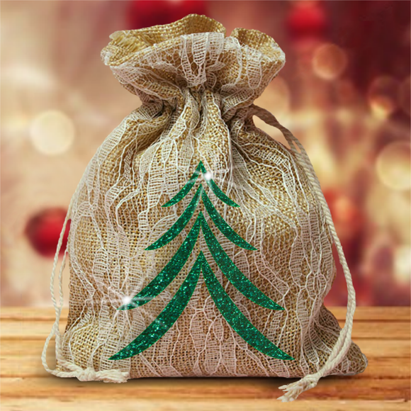 Burlap And Ivory Lace Large Christmas Gift Favor Bag Green Christmas Tree Gift Bag Rustic Burlap Christmas Gift Glitter Christmas Tree