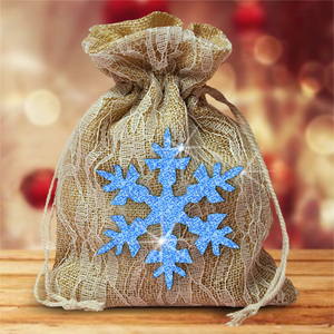 Burlap And Ivory Lace Christmas Gift Favor Bag With Glitter Blue Snowflake/ Rustic Burlap Christmas Gift/ Glitter Snowflake