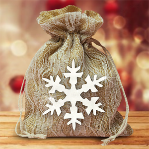Burlap And Ivory Lace Large Christmas Gift Favor Bag With Glitter White Snowflake / Rustic Burlap Christmas Gift/ Glitter Snowflake