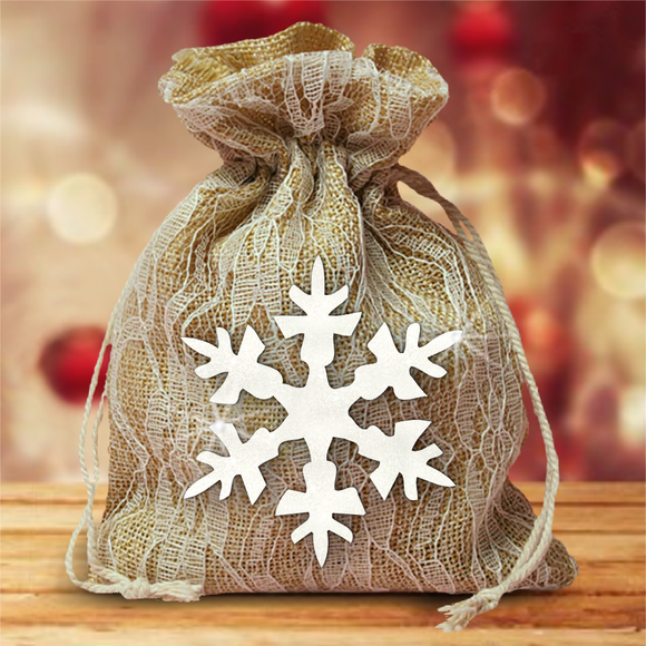 Burlap And Ivory Lace Large Christmas Gift Favor Bag With Glitter White Snowflake / Rustic Burlap Christmas Gift/ Glitter Snowflake