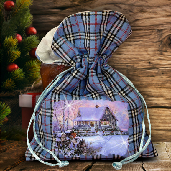 Christmas Plaid Gift Bag/ Winter Country Christmas Cottage Plaid Gift Bag With Glitter/ Rustic Blue Plaid/ Red Plaid Holiday Fabric Bag